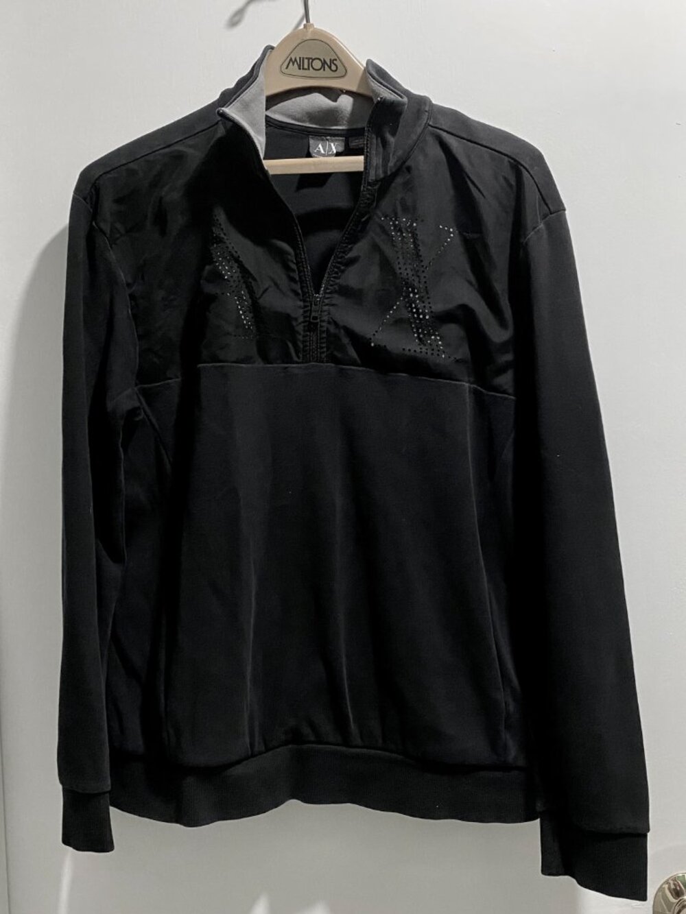 Armani Exchange Black Cotton "AE" Perforated 1/4 Zip Mock Neck Sweatshirt Top L